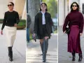 Tre donne sfoggiano un outfit gonna e stivali alti: uno con gonna bianca e stivali neri, uno con gonna verde e stivali texani, e uno con gonna di raso bordeaux e stivali scuri.