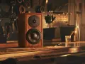 Głośnik Dynaudio Special 25 w drewnianej obudowie, stojący na stole w warsztacie, otoczony narzędziami.