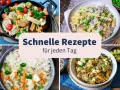 Vier bunte Gerichte: Gemüsepfanne, Nudeln mit Erbsen, Hähnchen mit Reis und Quinoa-Bowl. Perfekt für leichte Sommergerichte, die schnell zubereitet sind.
