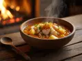 Un reconfortante plato de patatas con bacalao humeante, servido en un cuenco de madera junto a una chimenea crepitante.