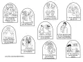 Ilustracje przedstawiające dziesięć przykazań w formie rysunków.