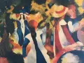 Une scène estivale peinte par un artiste peintre amateur. Des silhouettes aux chapeaux et robes colorées se promènent sous les arbres.