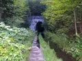 Kamienna, kameralna brama do mrocznego tunelu kolejowego w Kowarach, otoczona bujną zielenią.