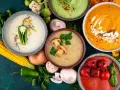 Kolorowe zupy kremy: pomidorowa, dyniowa, brokułowa, pieczarkowa i kukurydziana. Idealne na dietę płynną.
