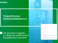 Poradnik o toalecie dla niepełnosprawnych, uwzględniający minimalne wymiary i wyposażenie, jak uchwyt.