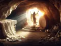 The resurrection of Jesus is depicted as a figure in white emerges from a tomb, arms raised to the light. An empty burial shroud lies on a stone slab.