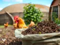 Worek z obornikiem kurzym na tle kurnika i kurcząt. Naturalny nawóz dla roślin.