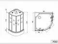 Rysunek techniczny narożnego prysznica z podanymi wymiarami: wysokość 2150 mm, szerokość 900 mm.