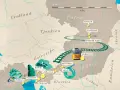 En karta som visar en tågresa från Italien, genom Österrike och Ungern, till Kroatien. En gul spårvagn illustrerar resan.
