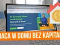Ekran laptopa z otwartą stroną Upwork, platformą do zarabiania w domu. Ikona domu z monetą symbolizuje pracę zdalną bez kapitału.