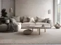 Un soggiorno accogliente con divano angolare, tavolino rotondo e tappeto in un caldo color taupe che è.