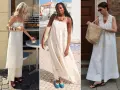Tre donne con abiti bianchi leggeri. Idee su quale abito in pizzo che scarpe abbinare: sandali bassi, espadrillas o infradito.