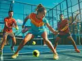Två män och en kvinna spelar padel. Kvinnan slår bollen, redo att följa padel regler.