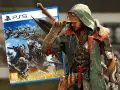 Cazador con armadura detallada junto a la carátula de PS5 de Monster Hunter Wilds, listo para la aventura.
