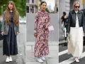 Tre donne con abiti lunghi e sneakers bianche: una con blazer grigio, una con abito floreale rosa, l'altra con giacca in pelle nera.