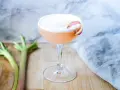 En rosa rabarber sour-drink med skum och en rabarberdekoration. Två stjälkar rabarber ligger bredvid.