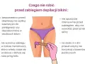 Ilustracja pokazuje, jak depilować bikini, unikając kosmetyków, opalania i wizyt na basenie przed zabiegiem.