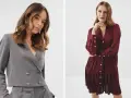 Elegancka szara marynarka i bordowa sukienka z plisowanym dołem. Idealne propozycje, jak się ubrać na pierwszą randkę, by czuć się pewnie.