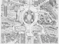 Un croquis de Paris, vu du ciel, avec un rond-point central, des immeubles, des routes sinueuses et un parc verdoyant.