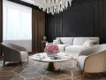 Elegancki salon w stylu nowojorskim, modern classic. Jasne meble, kryształowy żyrandol i ciemne ściany tworzą luksusową atmosferę.