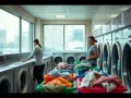 Donne in una lavanderia a gettoni, una legge le istruzioni lavatrice, l'altra prepara il bucato.