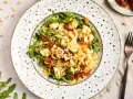 Mediterraner Salat mit Farfalle, getrockneten Tomaten, Rucola, Pinienkernen und Mozzarella.
