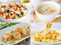 Cuatro platos de comida: ensalada de garbanzos, sopa cremosa, albóndigas y macarrones con queso.