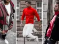 Trzy stylizacje męskie: kardigan w geometryczne wzory, skaczący mężczyzna w czerwonym golfie i białych spodniach, oraz mężczyzna w czarnej bomberce i czerwonym golfie. Różne odcienie czerwieni nazwy.