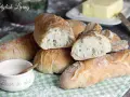 Frisch gebackene Baguettes, die Lust machen, Baguette selber machen. Mit knuspriger Kruste und luftiger Krume, daneben Fleur de Sel und Butter.