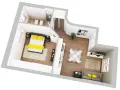 Progetto casa 40 mq rettangolare: camera da letto, bagno, cucina a vista, zona pranzo e soggiorno con divano e TV.