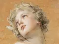 Portrait d'un jeune homme aux boucles blondes, la tête penchée, le regard tourné vers le ciel. La valeur du dessin réside dans la délicatesse des traits et la douceur des couleurs.