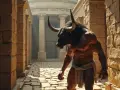Potężny Minotaur, postać z mitu o minotaurze, kroczy przez kamienne korytarze labiryntu.