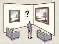 Hombre frente a dos cuadros, ¿cuál elegir? Reflexiona sobre los tipos de lienzos y la decisión artística.