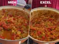 Dos cazuelas de pisto murciano: una con aspecto aguado y otra con la textura perfecta y dorada.