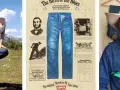 Marilyn Monroe, un poster storico e un uomo con cappello da cowboy celebrano chi ha inventato i jeans, Levi Strauss.