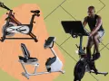 A man rides a stationary bike while a pedal exerciser and recumbent bike are shown.