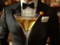 Elegancki mężczyzna w smokingu podaje Martini wstrząśnięte czy zmieszane. Złocisty trunek w kieliszku, idealnie schłodzony.