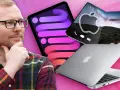 Mann mit Brille denkt über iPad, faltbares iPhone und MacBook nach.
