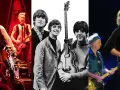 The Beatles i The Rolling Stones, dwa najpopularniejsze brytyjskie zespoły rockowe, w kolażu zdjęć.