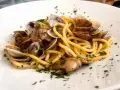 Spaghetti con lupini di mare freschi, un piatto che profuma di mare e tradizione, guarnito con prezzemolo tritato.