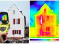 Kamera termowizyjna pokazuje dom, ujawniając **mostki termiczne** jako jasne, gorące plamy.