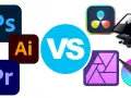 Porównanie ikon programów graficznych: Adobe (Ps, Ai, Pr) kontra alternatywy, szukając zamiennika Photoshop.