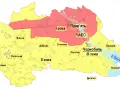 Mapa pokazująca strefy wokół Czarnobyla. Widać tu Prypeć, Czarnobylską Elektrownię Atomową i rzekę Prypeć.