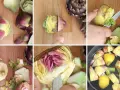 Preparazione di carciofi in padella: pulizia e taglio dei cuori, poi immersi in acqua con limone.