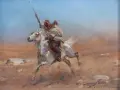 Biały koń galopuje przez pustynię, dosiada go wojownik w tradycyjnym stroju, z uniesioną włócznią. Obraz w stylu orientalizm.