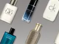 Fünf Flakons mit Herrendüften: Acqua di Gio, Sauvage, CK One, Cool Water, Boss.