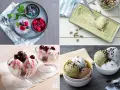 Vari gusti di gelato, tra cui pistacchio e frutti di bosco, perfetti con latte condensato.