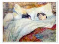 Dwie postacie śpiące w łóżku, uchwycone pędzlem henri de toulouse-lautrec. Widać ich twarze i kołdrę.