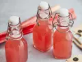 Drei Flaschen mit selbstgemachtem Rhabarberschnaps, daneben frischer Rhabarber. Ein schönes Ergebnis, wenn man Rhabarberschnaps selber machen möchte.
