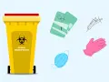 Żółty pojemnik na odpady medyczne z symbolem biohazard. Obok strzykawki, rękawiczki, maska i opakowania ze sprzętem.